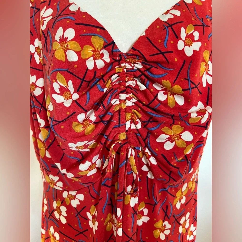 London Times Ruched Front Floral Cap Sleeve‎ Milkmaid Red Midi Dress Size 2X